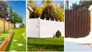 Three types of residential fences side by side—wooden fence with garden bed, white vinyl privacy fence, and brown metal panel fence in snowy setting.