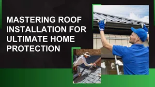 Two workers performing roof installation: one in a blue uniform adjusting a metal gutter on a sloped roof, and another using tools to install shingles on a house roof.
