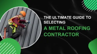 Worker performing metal roofing installation with safety gear.