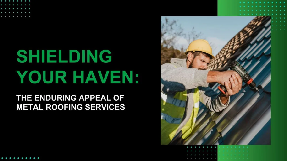 Construction worker in a yellow helmet and safety vest using a power drill to install metal roofing panels on a house under clear blue skies.