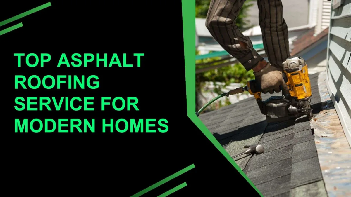 Close-up of a roofer using a nail gun to install asphalt shingles on a residential roof, with tools nearby and sunlight highlighting the detailed workmanship.