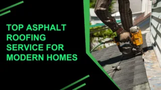 Close-up of a roofer using a nail gun to install asphalt shingles on a residential roof, with tools nearby and sunlight highlighting the detailed workmanship.