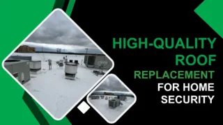 Graphic design featuring HVAC units on a flat commercial roof under cloudy skies, with bold text reading "High-Quality Roof Replacement for Home Security."