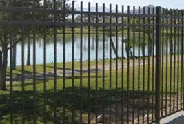 Metal fence with vertical bars overlooking a lake and grassy park area.
