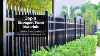 Black metal security fence with pointed tops along a landscaped path, promoting strongest fence material tips from Granger, TX contractors.