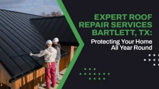 Two workers repairing a black metal roof with promotional text for roof repair services in Bartlett, TX.