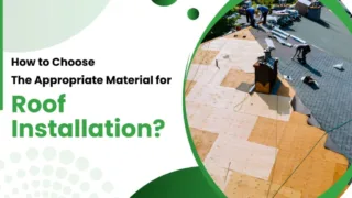 Workers installing roofing materials on a partially completed roof, with text about choosing the right material for roof installation.