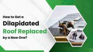 Roofers replacing old shingles with new ones, alongside text about getting a dilapidated roof replaced.