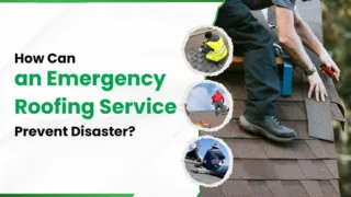 Roofer performing emergency shingle repairs with inset images of various roofing professionals working on rooftops.