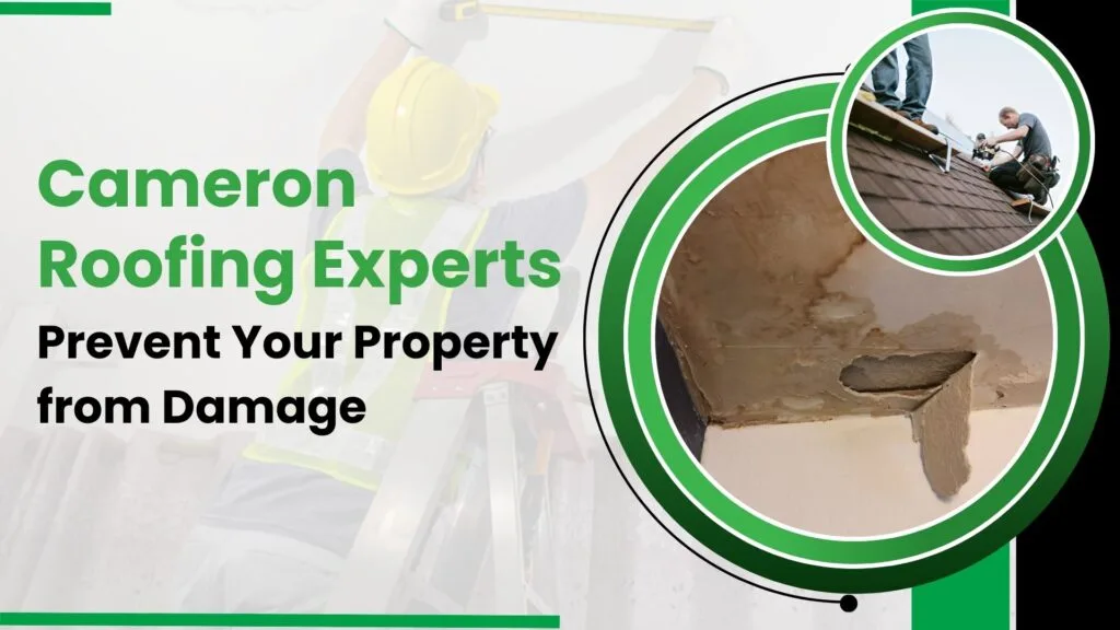 Roofing experts repairing a shingle roof with an inset image showing interior ceiling damage from water leakage.