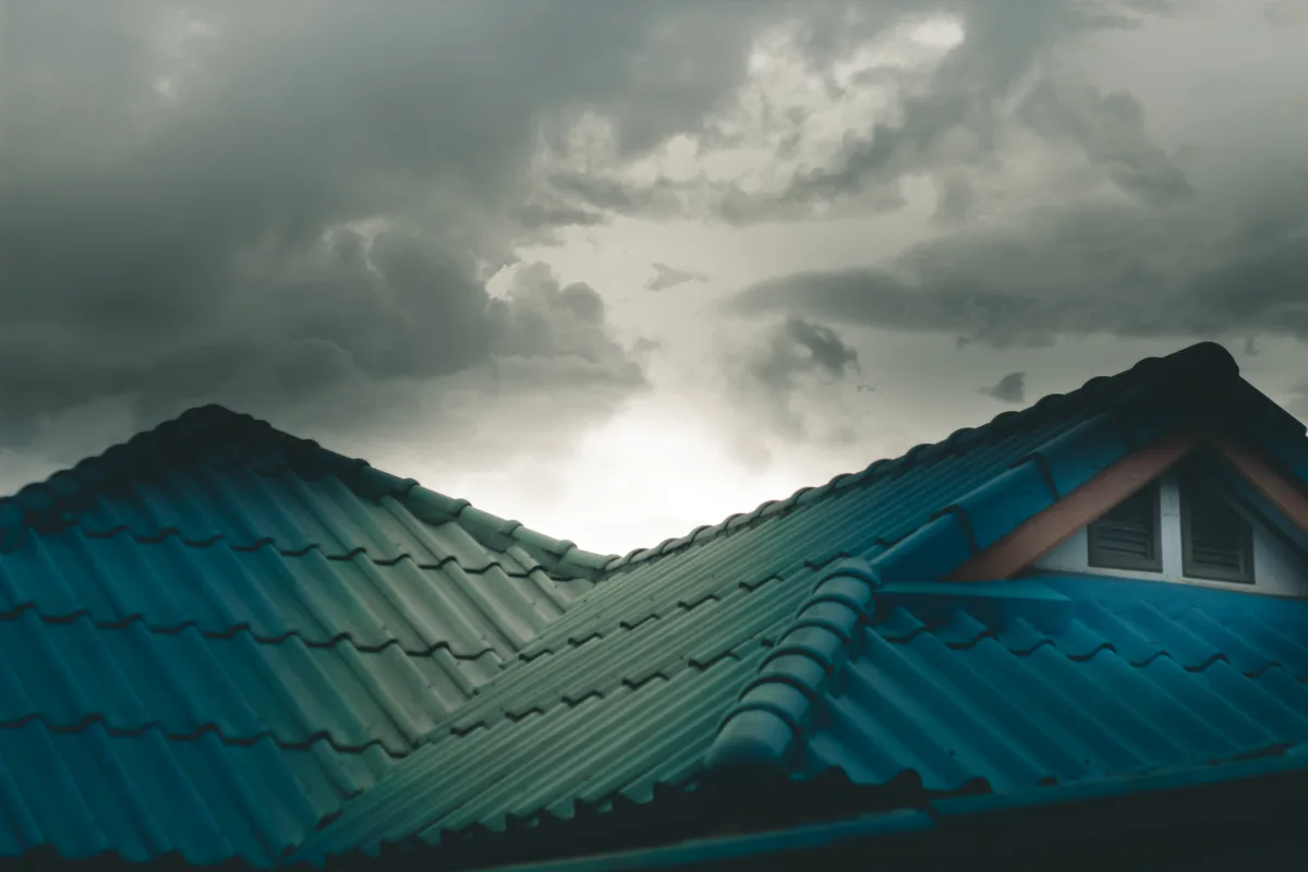 Green metal rooftops under a cloudy sky.