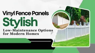Promotional graphic showing white vinyl fence panels with text highlighting them as stylish, low-maintenance options for modern homes.