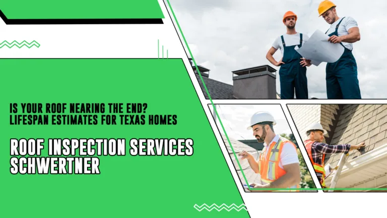 Promotional graphic for roof inspection services in Schwertner, Texas, featuring workers inspecting roofs and checking documents.