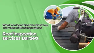 Roof inspectors working with text promoting roof inspection services in Bartlett.