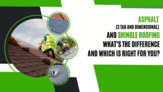Infographic comparing asphalt (3-tab and dimensional) and shingle roofing, featuring images of roof installations and the text “What’s the difference and which is right for you?”.