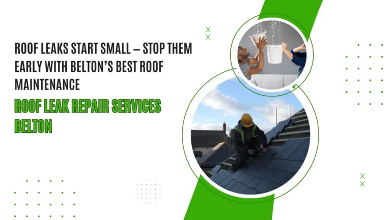 Roof leak repair service in Belton showing a roofer fixing shingles on a roof and homeowners catching water leaks inside with buckets.