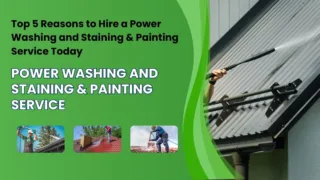 Graphic promoting power washing, staining, and painting services with text and images of workers cleaning rooftops using pressure washers.
