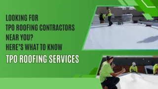 Workers installing TPO roofing membrane on a flat commercial roof with text overlay promoting TPO roofing services.