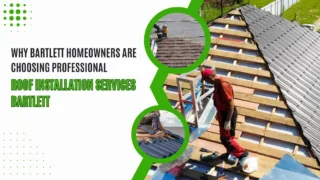 Roofers installing new roofing materials on a house in Bartlett, with text promoting professional roof installation services.