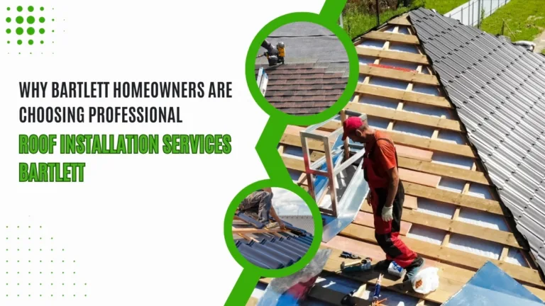 Roofers installing new roofing materials on a house in Bartlett, with text promoting professional roof installation services.