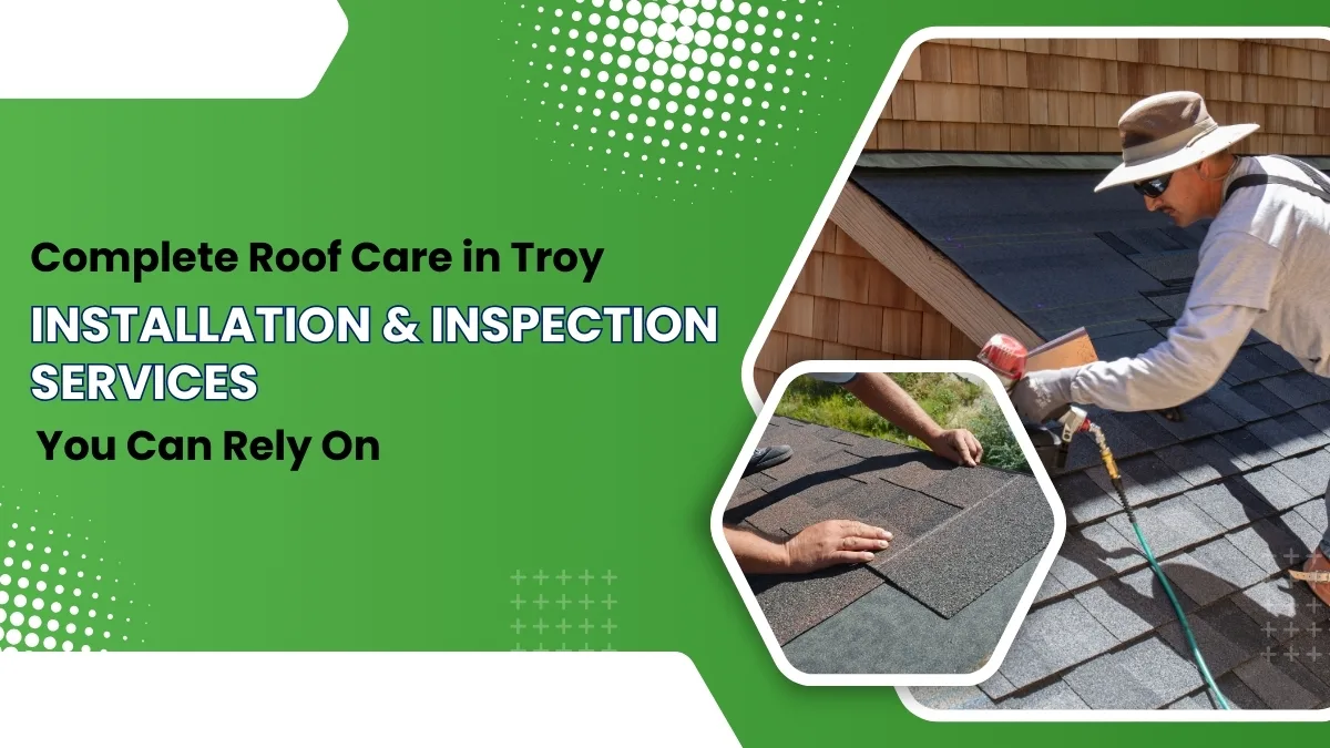 Roofing services in Troy showing workers installing and inspecting shingles on a house roof.