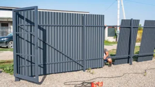 Worker installing a metal fence with a gate on a gravel surface.