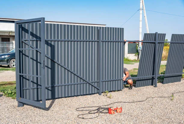Worker installing a metal fence with a gate on a gravel surface.
