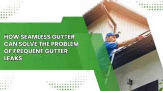 Worker fixing seamless gutter on house roof to prevent leaks