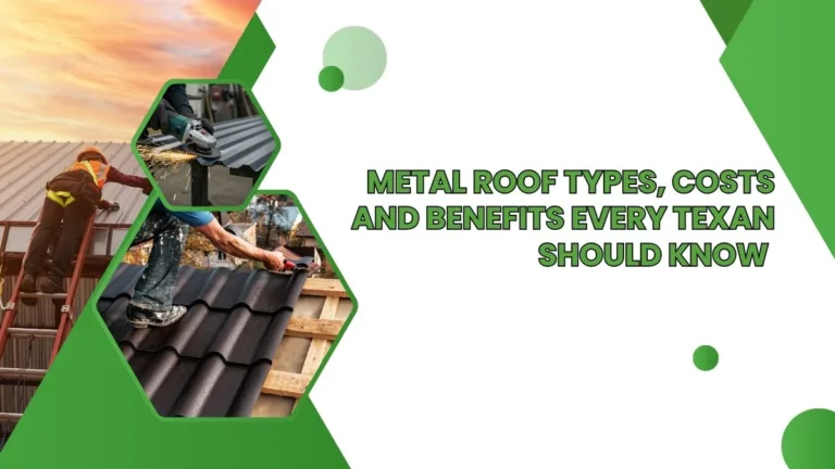 Workers installing and cutting metal roofing with text about metal roof types, costs, and benefits for Texans