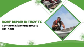 Roof repair in Troy, TX – worker fixing shingles with a nail gun, article titled Common Signs and How to Fix Them.