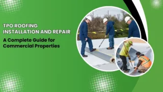 Workers installing TPO roofing on a commercial building