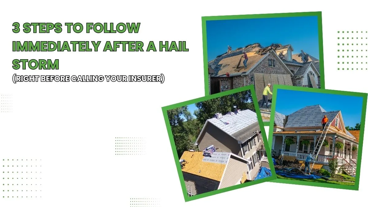 Roofing crews repairing hail-damaged homes, showing multiple houses with roof replacement work in progress after a severe hail storm