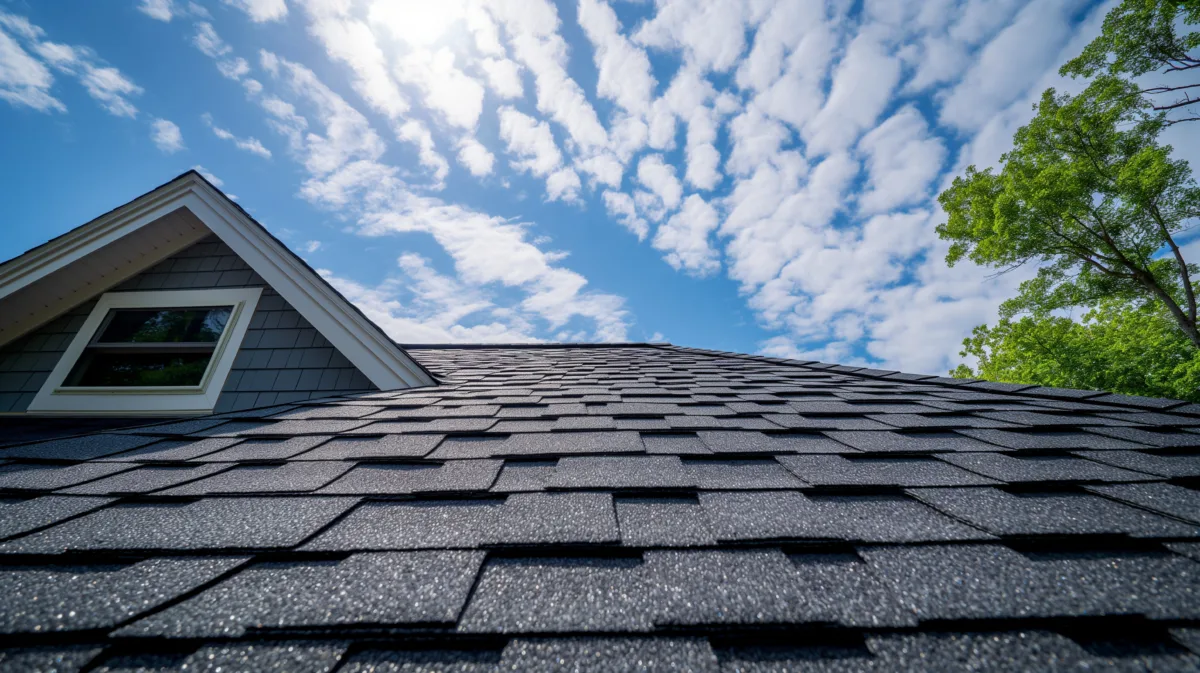 Close-up view of a dark asphalt shingle roof on a residential home, showing the shingle texture, clean installation, and bright blue sky in the background.