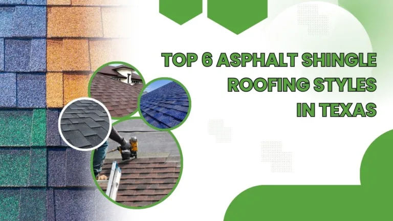 Colorful asphalt shingle roofing styles displayed with close-up textures and installation images, showcasing different shingle types commonly used on Texas homes.