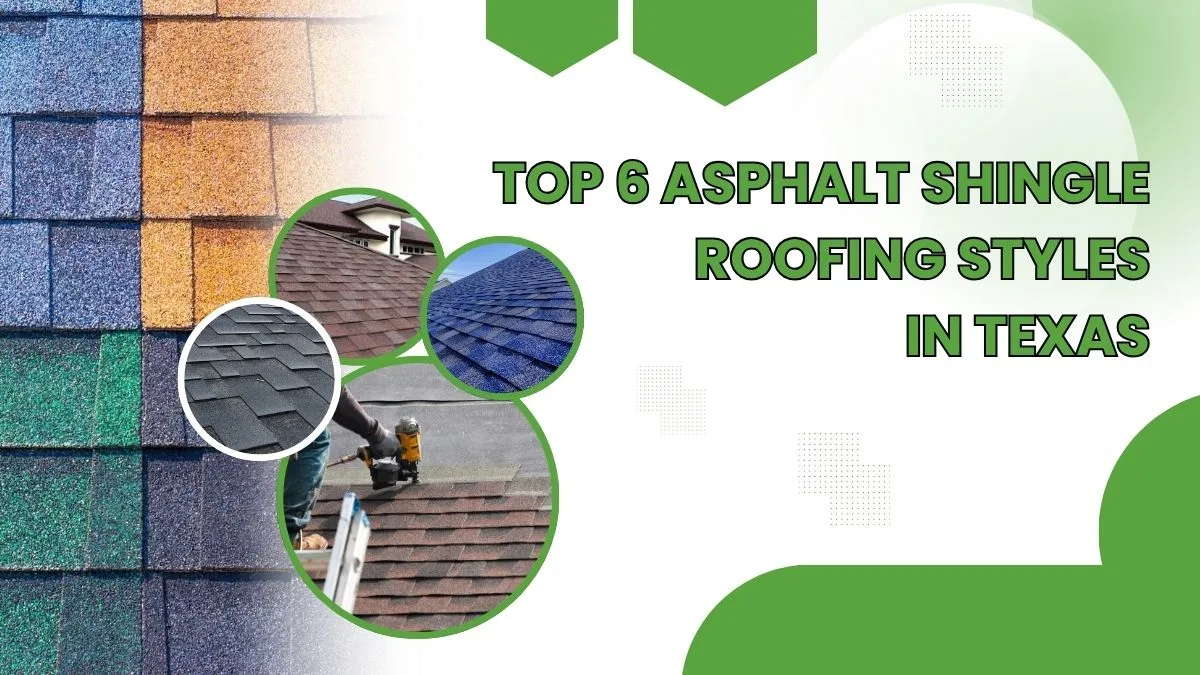 Colorful asphalt shingle roofing styles displayed with close-up textures and installation images, showcasing different shingle types commonly used on Texas homes.