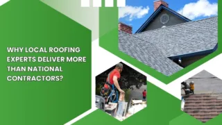 Graphic showing a house roof with shingles and local roofing professionals at work, highlighting the benefits of choosing local roofing experts over national contractors.