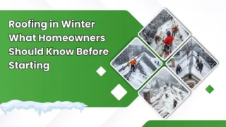 Roofing professionals working on a snow-covered roof during winter, showing safe winter roofing installation and repair practices.