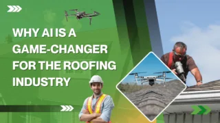 AI-powered drone inspecting a residential roof for damage and maintenance in the roofing industry