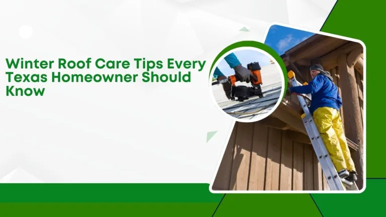 Contractor inspecting and repairing a residential roof during winter, with ladder setup and roofing tools, illustrating winter roof care tips for Texas homeowners.