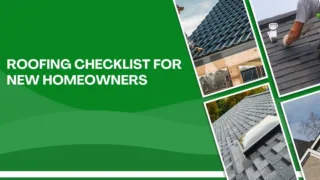 Roofing checklist for new homeowners with images of roof shingles, tile roofing, skylight installation, and roof inspection