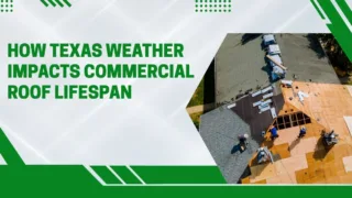 Aerial view of commercial roofing contractors installing new roof system on Texas business building