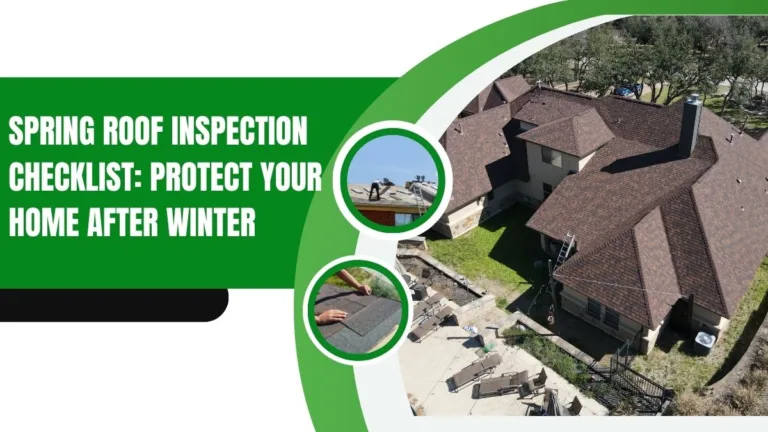 Spring roof inspection checklist with a residential house roof and workers repairing shingles to protect the home after winter.