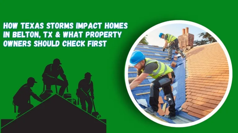 Roofing contractors repairing a residential roof after Texas storm damage in Belton TX while discussing property inspection and home protection.
