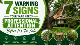 A green-themed blog banner showing a damaged tree near a home with the headline "7 Warning Signs Your Yard Needs Professional Attention Before It's Too Late," highlighting yard safety, tree care, and property maintenance.
