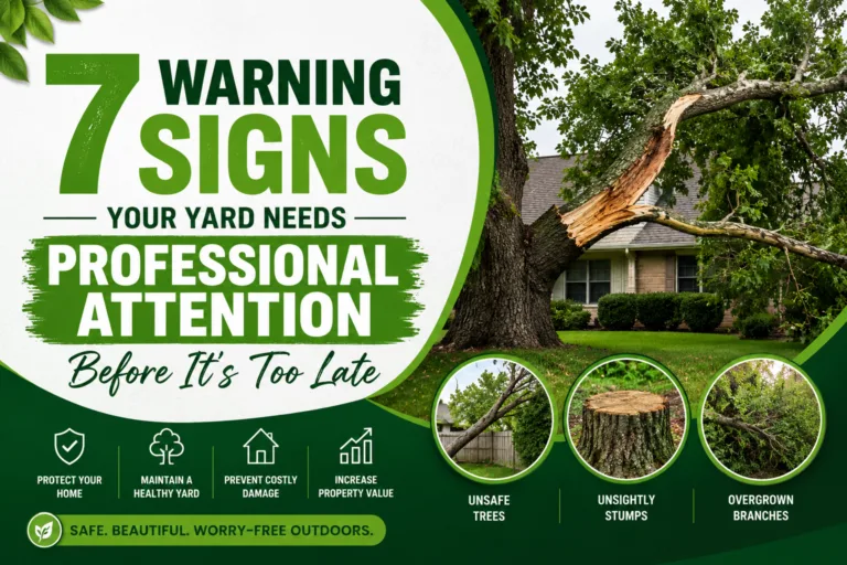 A green-themed blog banner showing a damaged tree near a home with the headline "7 Warning Signs Your Yard Needs Professional Attention Before It's Too Late," highlighting yard safety, tree care, and property maintenance.