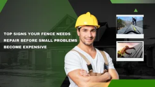 Damaged residential fence showing signs of repair needs including leaning posts, loose boards, and weather-related wear.