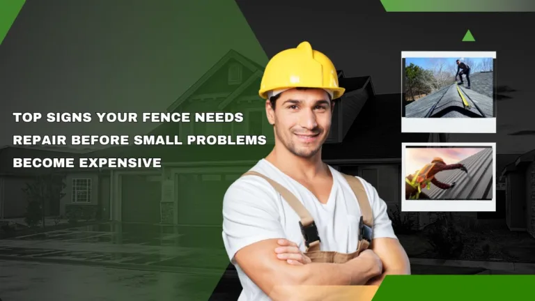 Damaged residential fence showing signs of repair needs including leaning posts, loose boards, and weather-related wear.