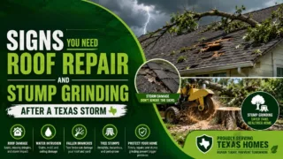 Storm-damaged roof and tree stump requiring roof repair and stump grinding services in Bartlett Texas