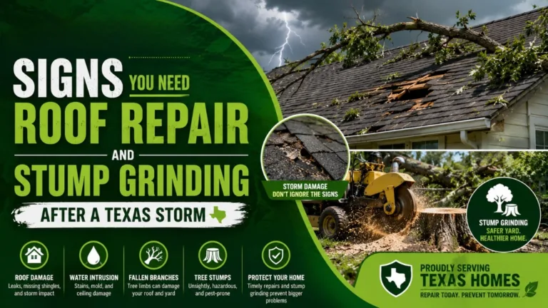 Storm-damaged roof and tree stump requiring roof repair and stump grinding services in Bartlett Texas