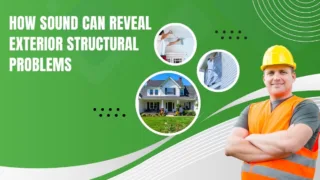 Professional inspecting a home's exterior after hearing unusual structural sounds, checking siding, roof, foundation, and other potential damage.